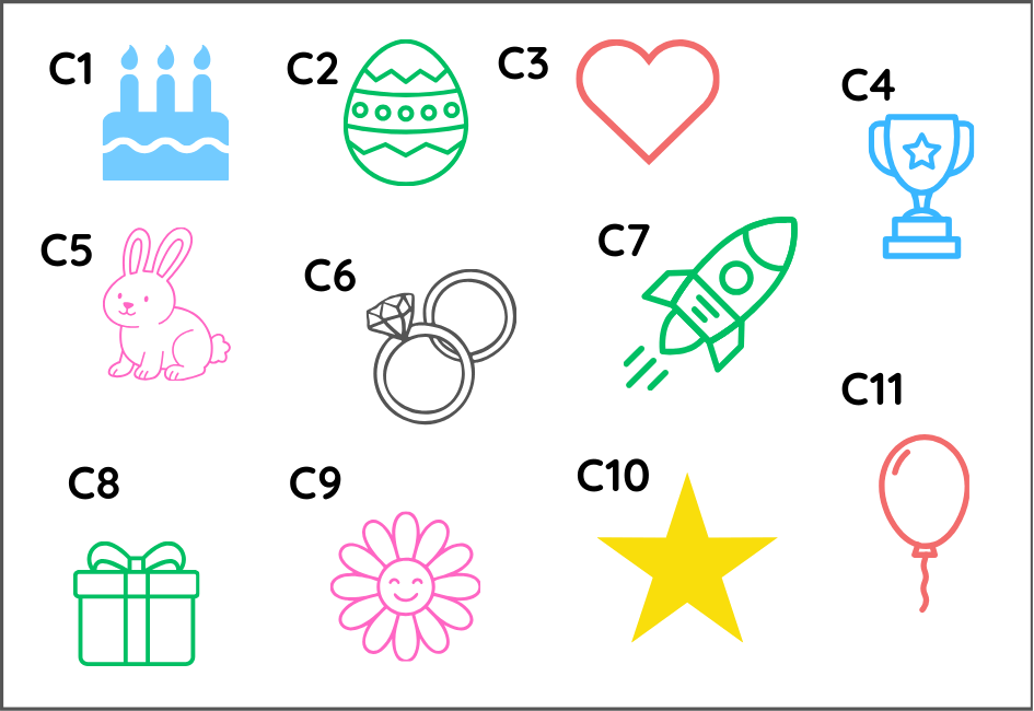 Celebration icon guide with code labels