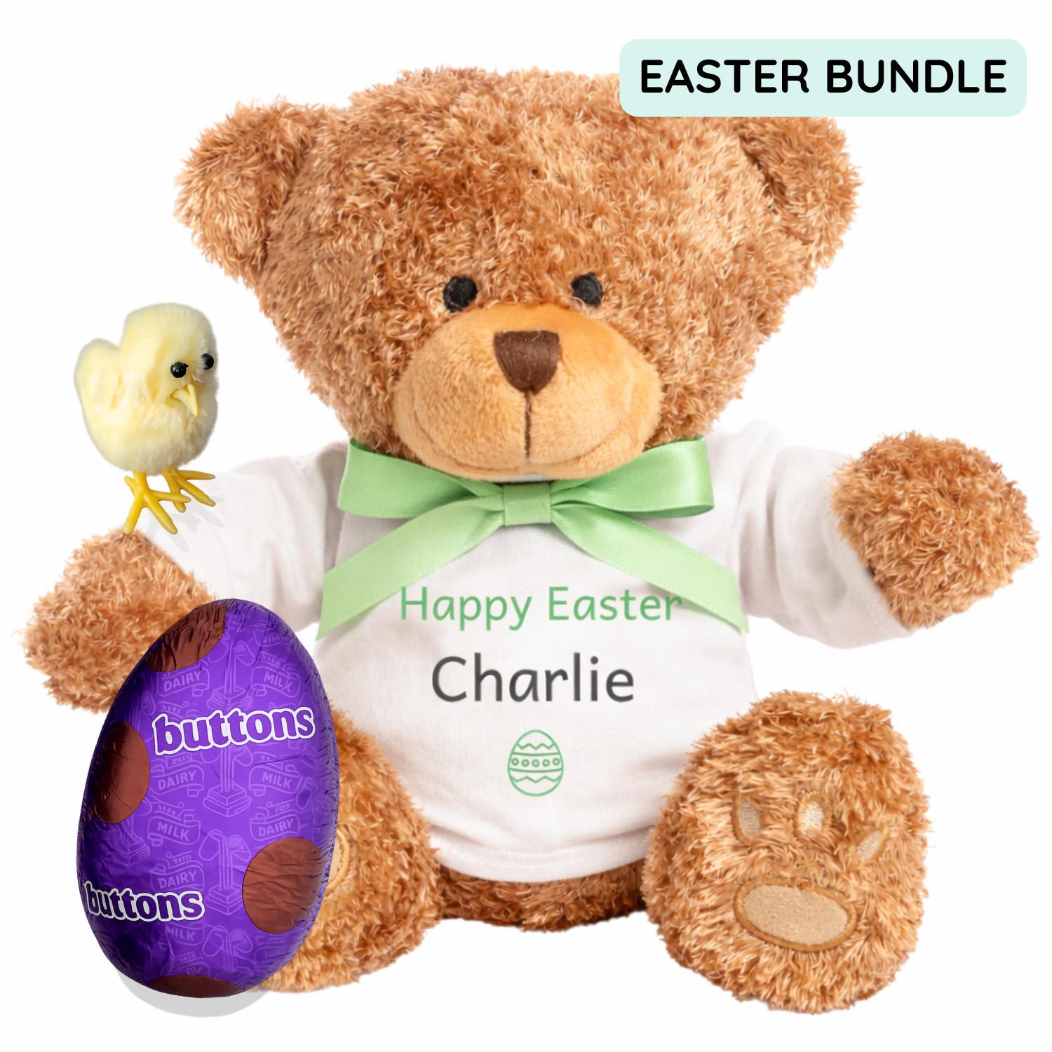Personalised Easter teddy bear with green bow, Cadbury’s Buttons Easter egg and chick