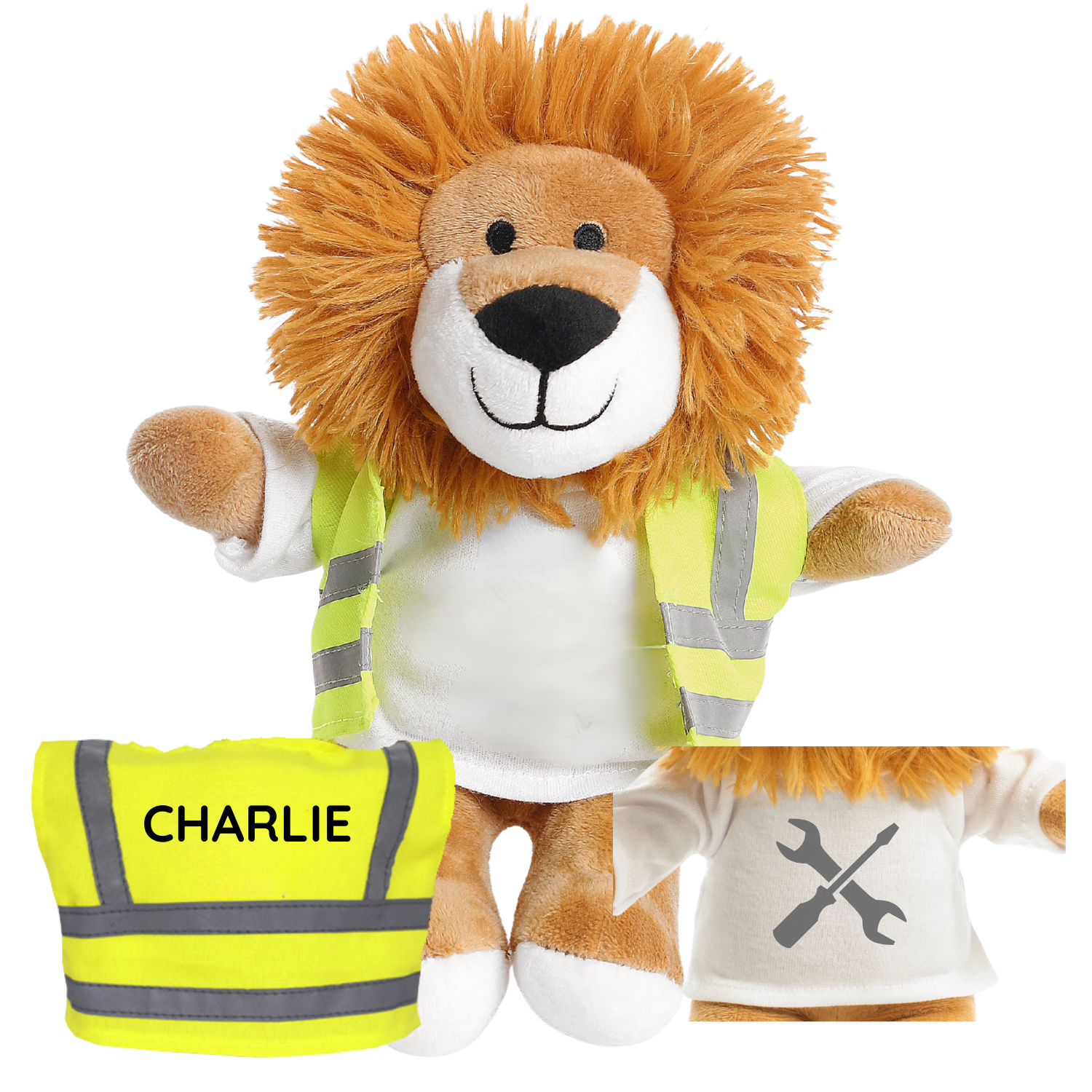Lion soft toy dressed in hivis