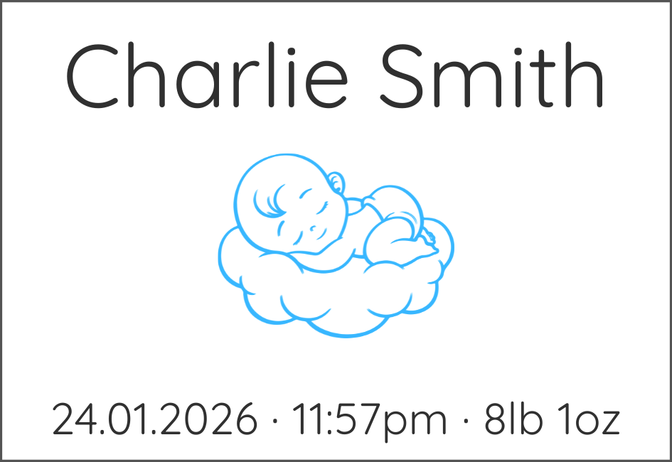 Example of newborn personalisation showing name, birth details and an icon