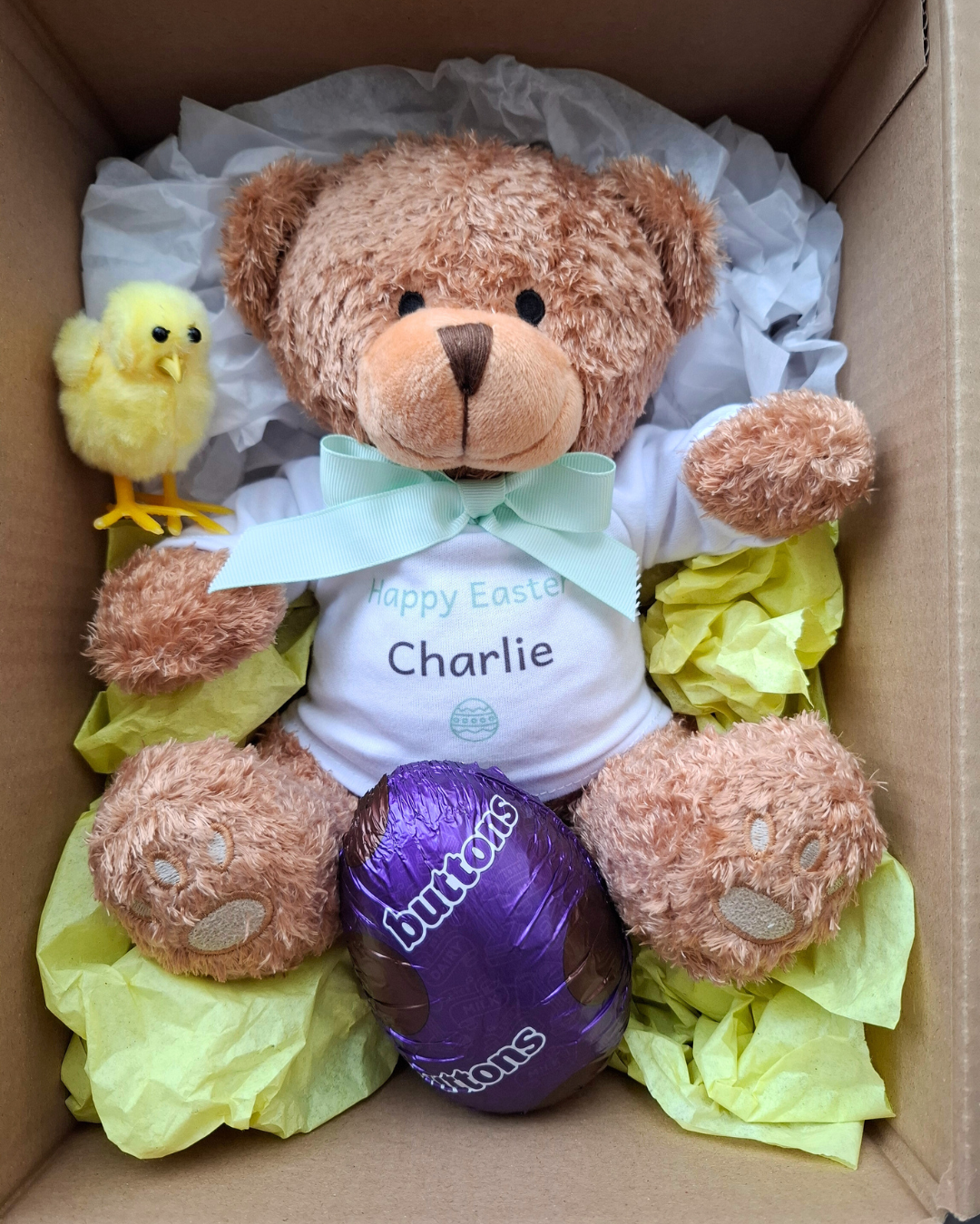 Personalised Easter bear bundle presented inside box with egg and chick