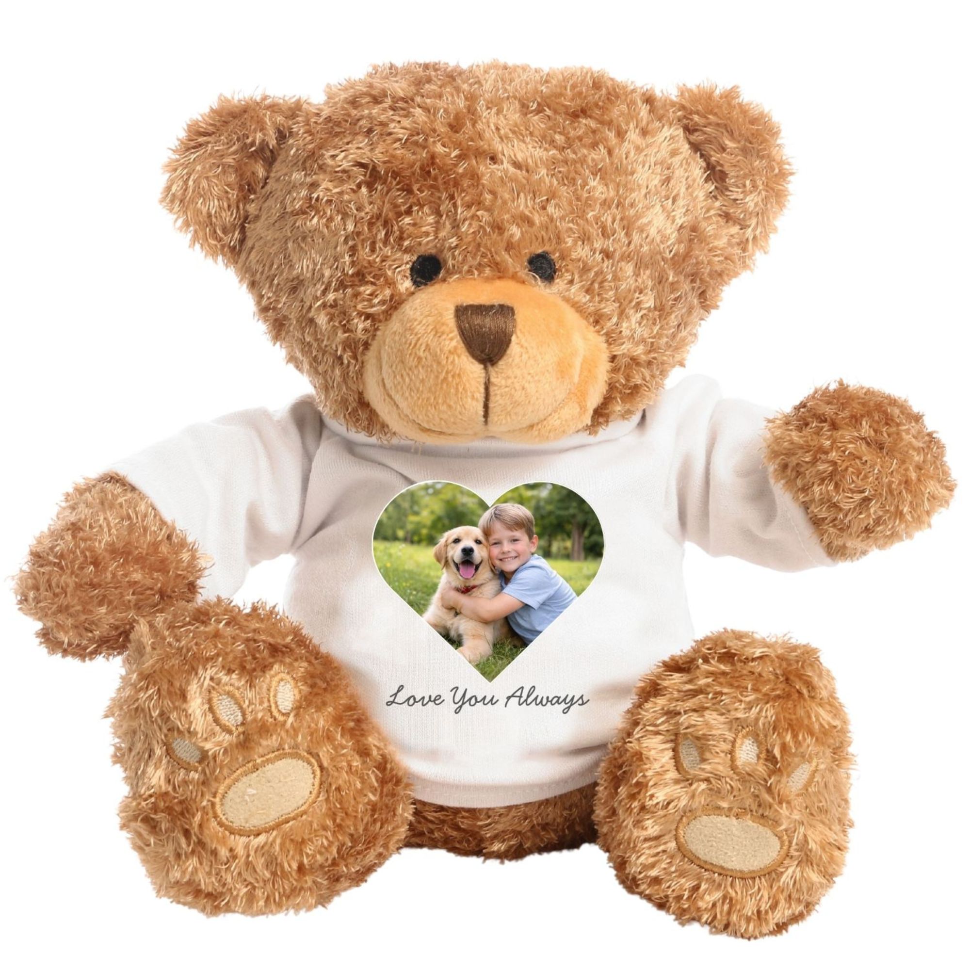 Personalised photo teddy bear with custom image and message on a white background